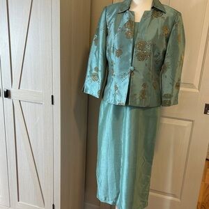 Jessica Howard Teal 2-Piece Jacket & Skirt Set Floral Embroidered  Dress Sz 6P